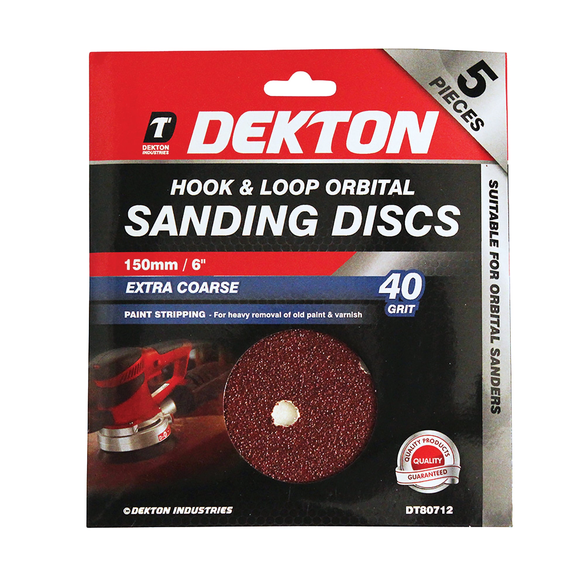 Dekton 5pc Hook And Loop Orbital Sanding Discs 150mm/Coarse - 40 Grit