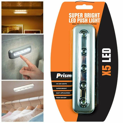 5 Ultra Bright LED Push Night Light Stick On Kitchen Cupboard Under Cabinet