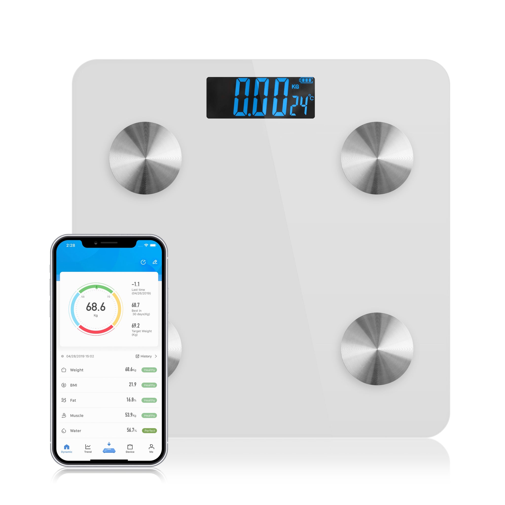 Bathroom Scales, DIKI Digital Body Fat Scale Bluetooth Smart Body Weight  scales High Accuracy Ultra Slim Analyser Measuring 10 Body data LCD Display  with Free App for iOS, Android Devices-White DIKI-U