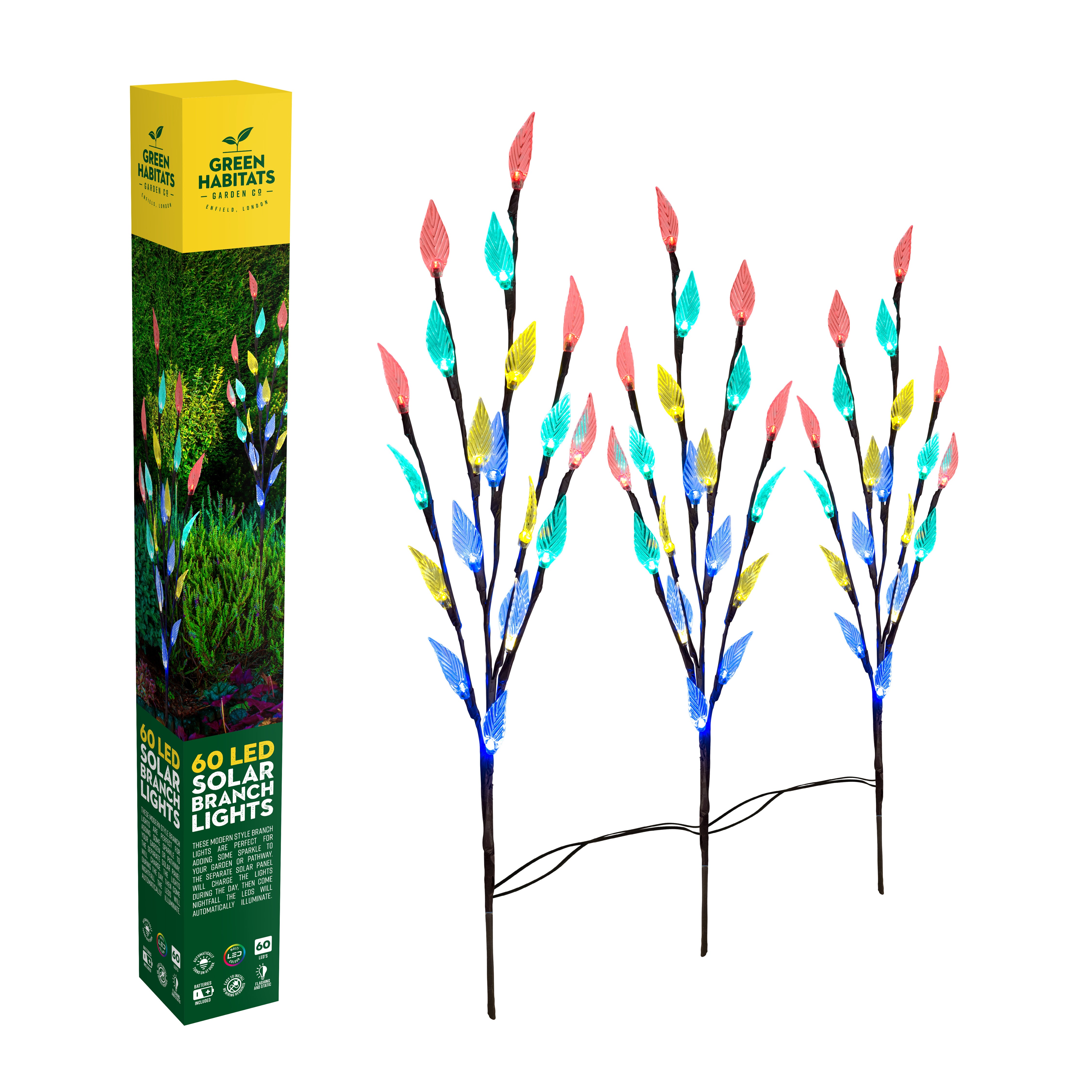 3 x Stylish Colour Led Lights Branch Tree Leaf Solar Powered Outdoor Garden