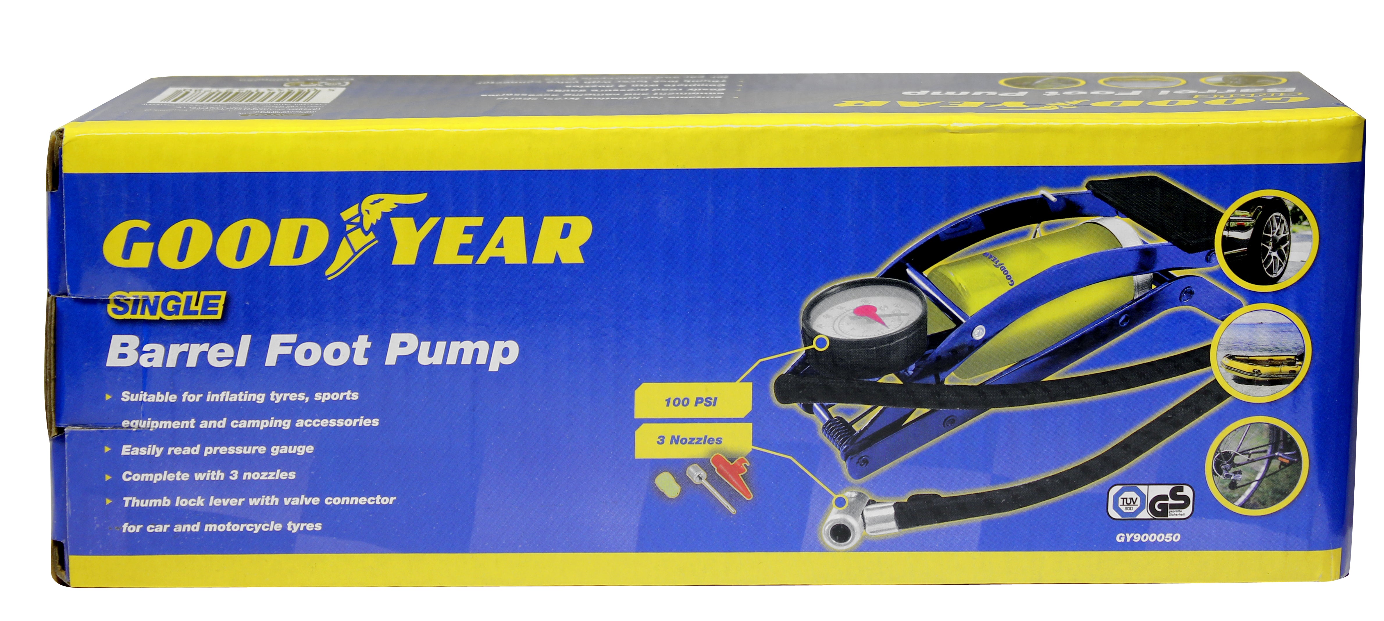 Goodyear Single Barrel Cylinder Tyre Foot Pump Air Inflator Car Van Bicycle Bike