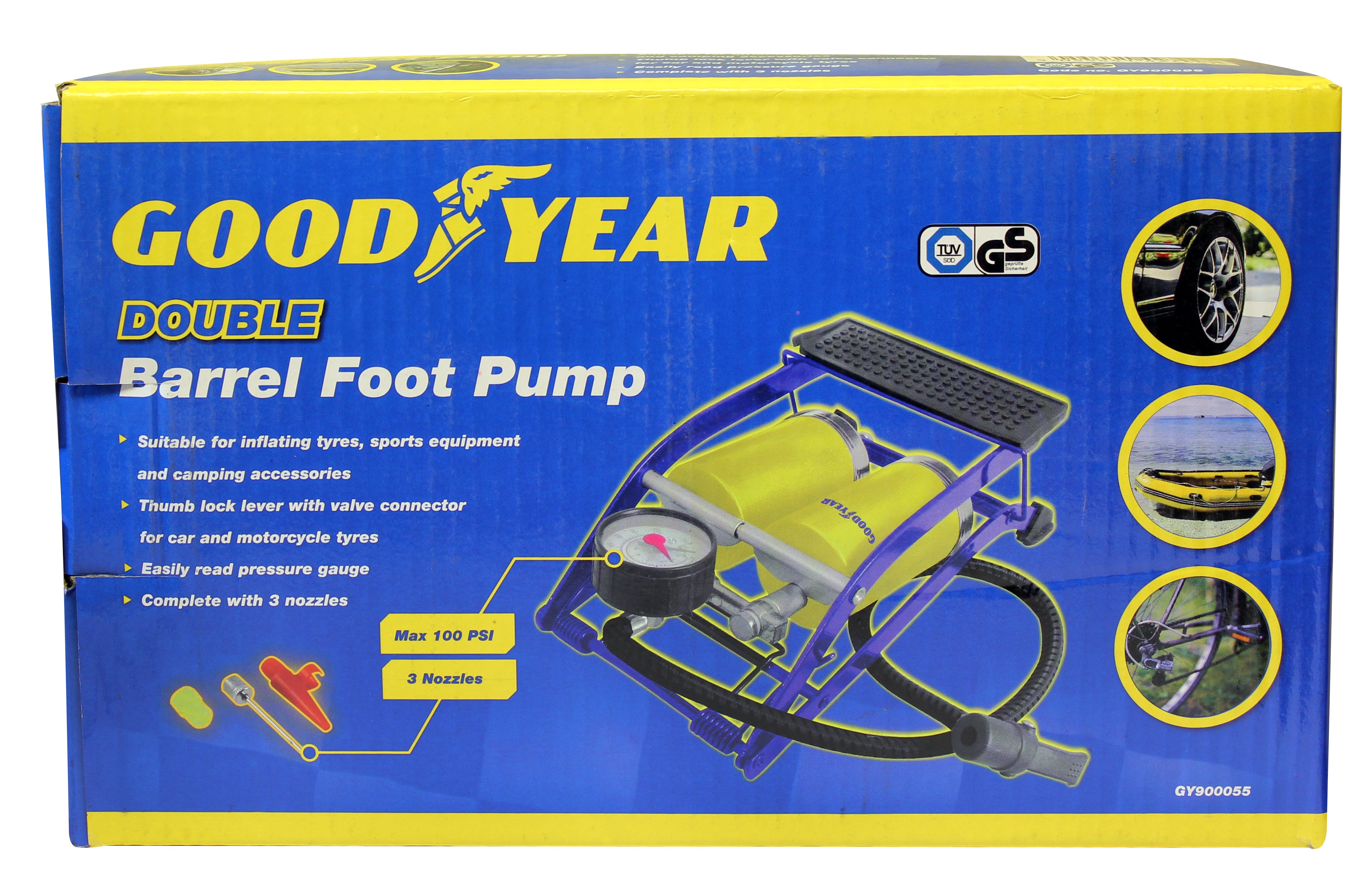 Goodyear Double Barrel Cylinder Tyre Foot Pump Air Inflator Car Van Bicycle Bike