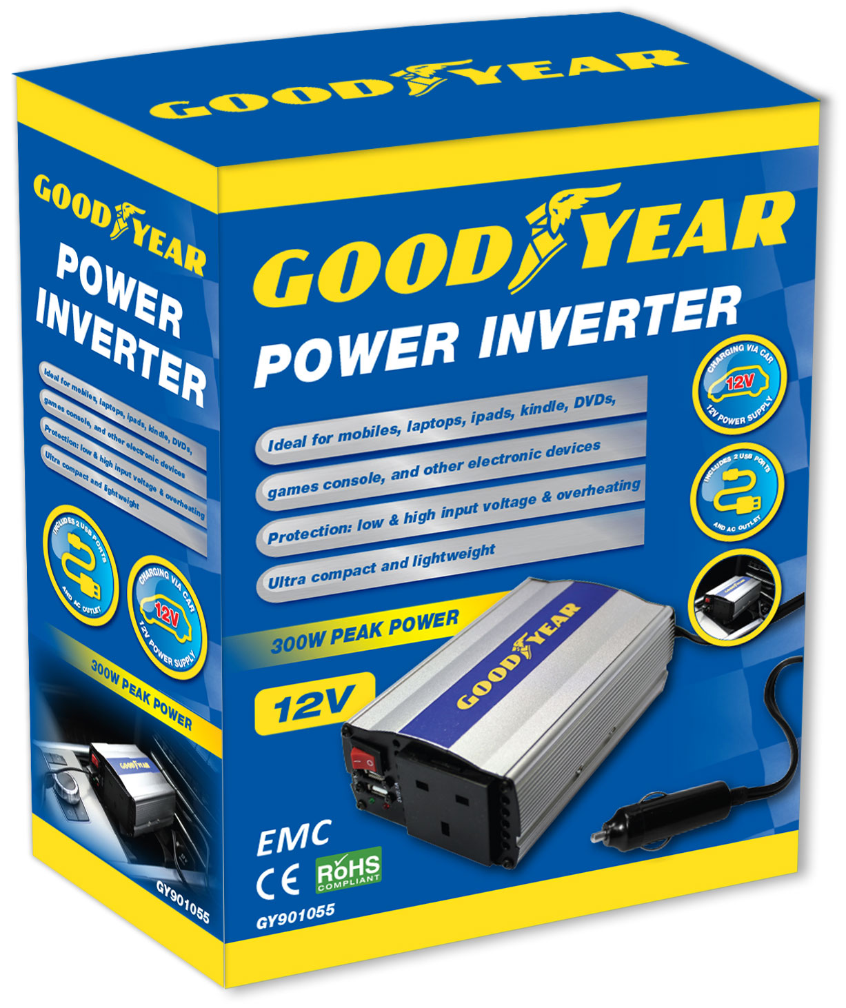 Goodyear Car Converter Power Inverter DC 12v AC 240v 3 Pin Plug 2 X USB Laptop