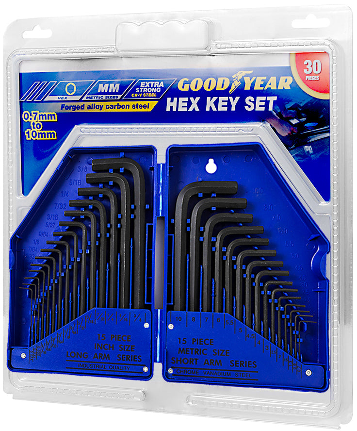 Goodyear 30 pc Metric & Imperial Hex Allen Key Long Set Kit Allan Alan Alen