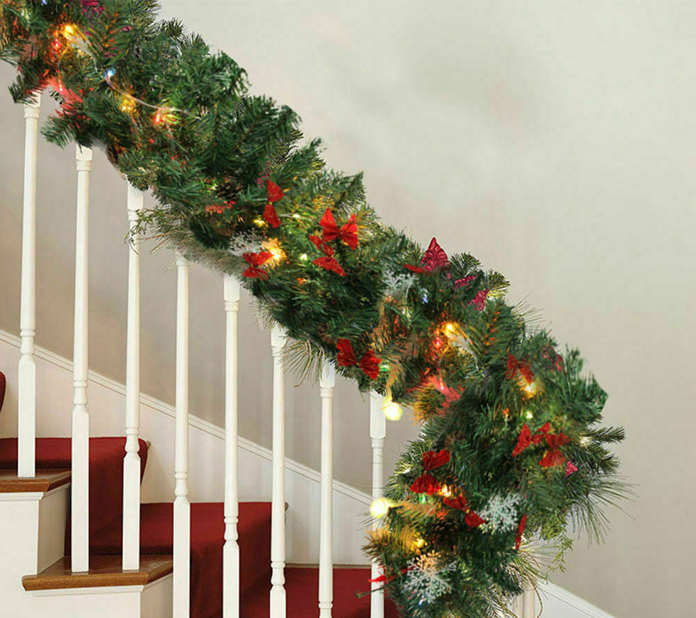 9FT Pre Lit Christmas Garland with Lights Door Wreath Xmas Fireplace Decor LED