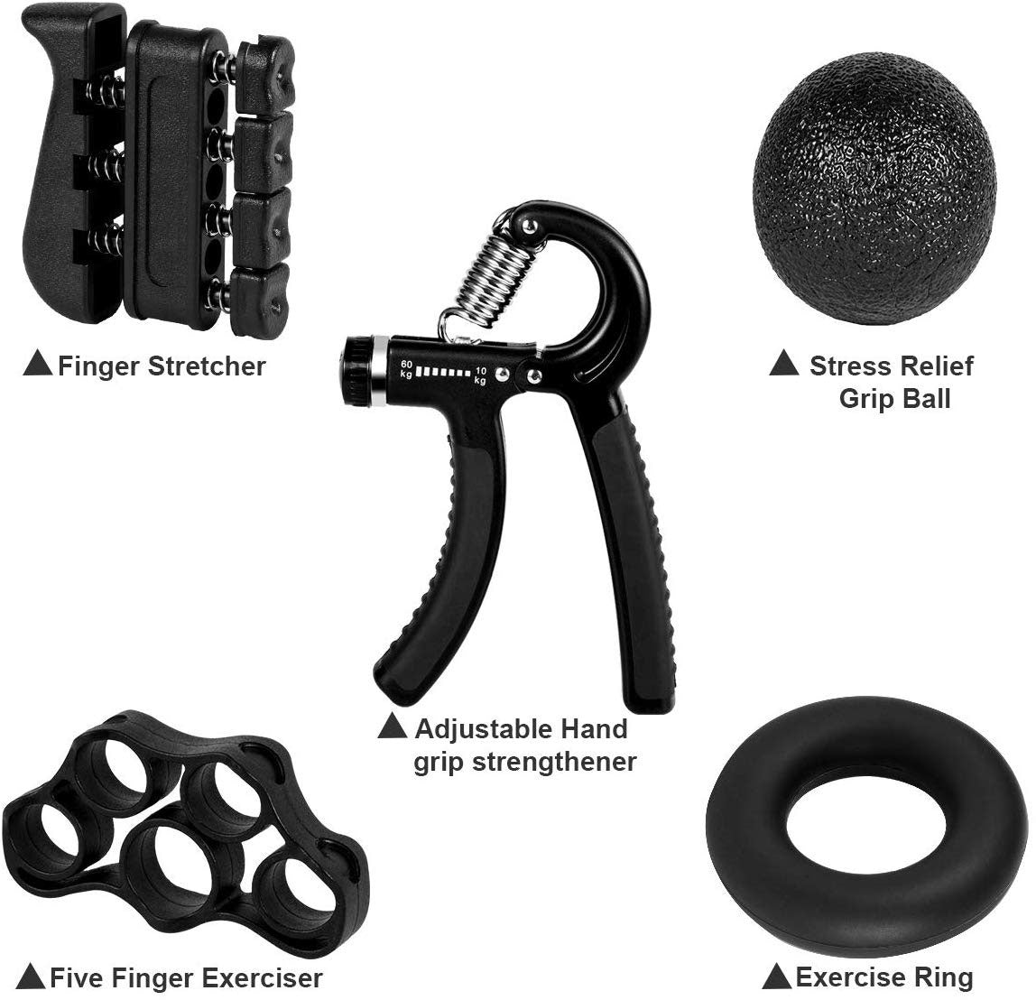 5PC Hand Grip Strengthener Set Wrist Finger Forearm Exercise Resistance Grip Kit