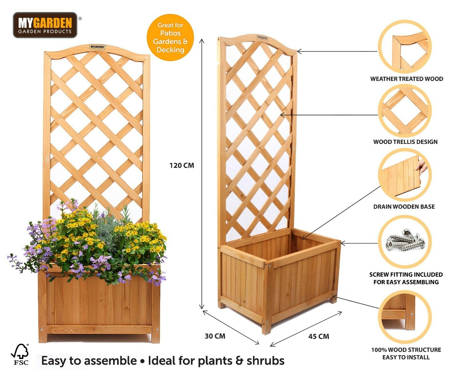 Wooden Garden Planter Plant Flowerpot Box With Trellis Support Patio Lattice