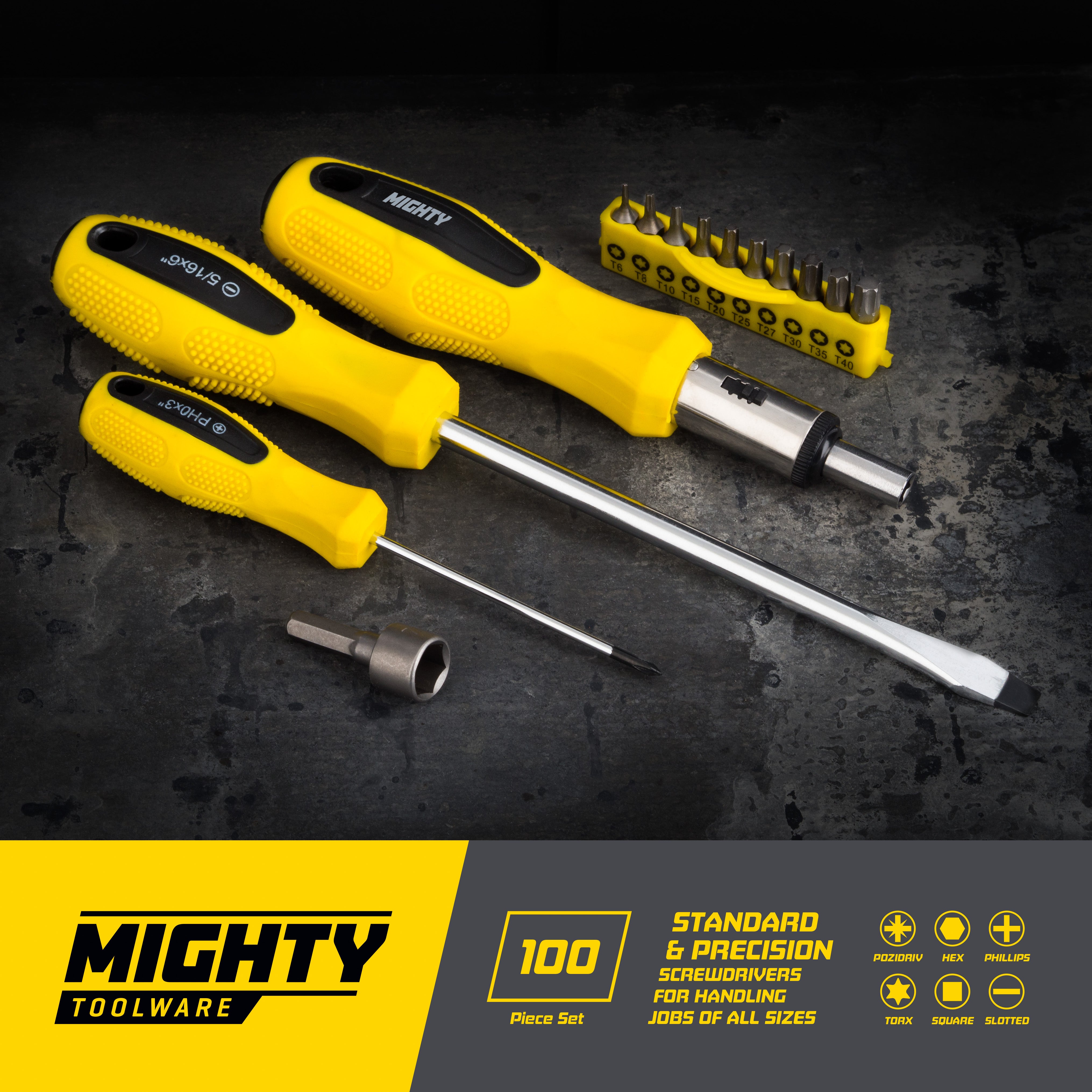 100pc Screwdriver and Bit Set Precision Pozdriv Hex Phillips Torx Square Slot