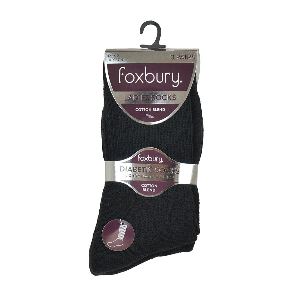 9 Pairs Foxbury Ladies Black Diabetic Socks Cotton Blend Lightly Elasticated Top