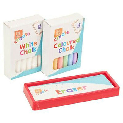 25pc Children's Chalk & Eraser Coloured White Blackboard Arts Crafts Chalk Set