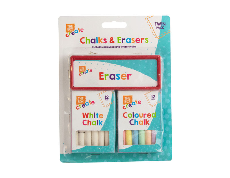 25pc Children's Chalk & Eraser Coloured White Blackboard Arts Crafts Chalk Set