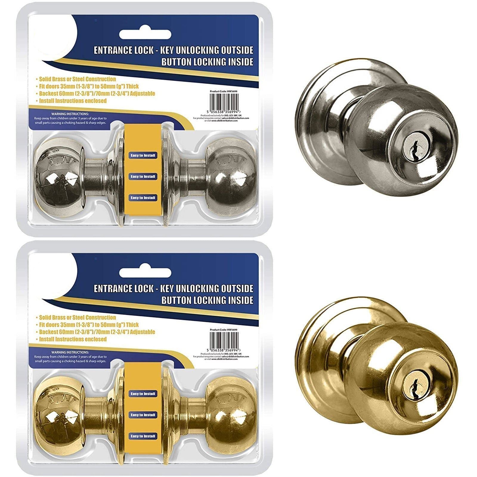 Door Knob Handle Entrance Lock Locking Key Steel Bathroom Bedroom + 3 Keys