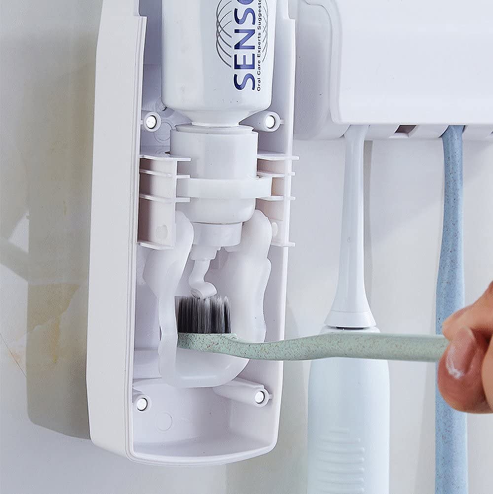 Automatic Toothpaste Dispenser + 5 Toothbrush Holder Stand Wall Mounted Bathroom