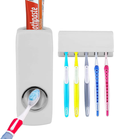 Automatic Toothpaste Dispenser + 5 Toothbrush Holder Stand Wall Mounted Bathroom