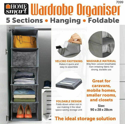 5 Section Shelves Hanging Wardrobe Shoe Garment Organiser Storage Clothes Tidy