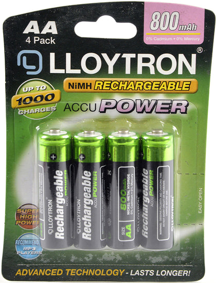 4 x Lloytron AA Rechargeable Batteries 800 mAh NiMH Phone Remote Camera