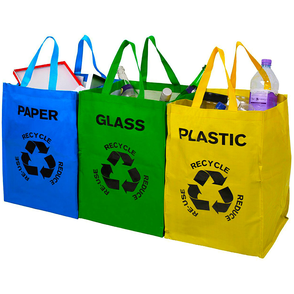 Premier Housewares Recycling Bags/Recycling Bin/Plastic Glass Paper  Recycling Bags with Handles/Multicoloured - Set of 3