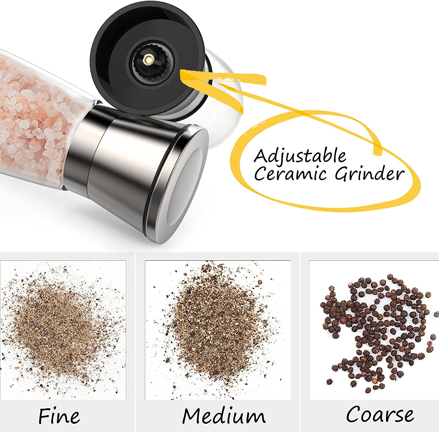 Adjustable Salt & Pepper Grinder Set Stainless Steel Glass Mill Coarse Grinding