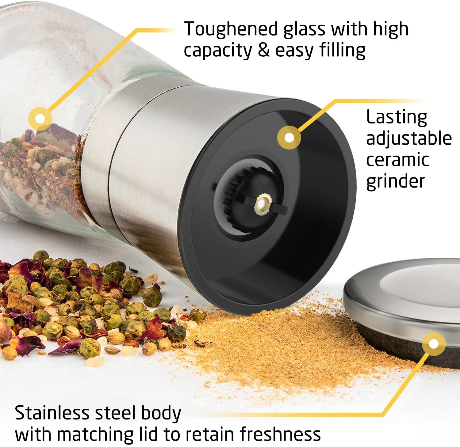 Adjustable Salt & Pepper Grinder Set Stainless Steel Glass Mill Coarse Grinding