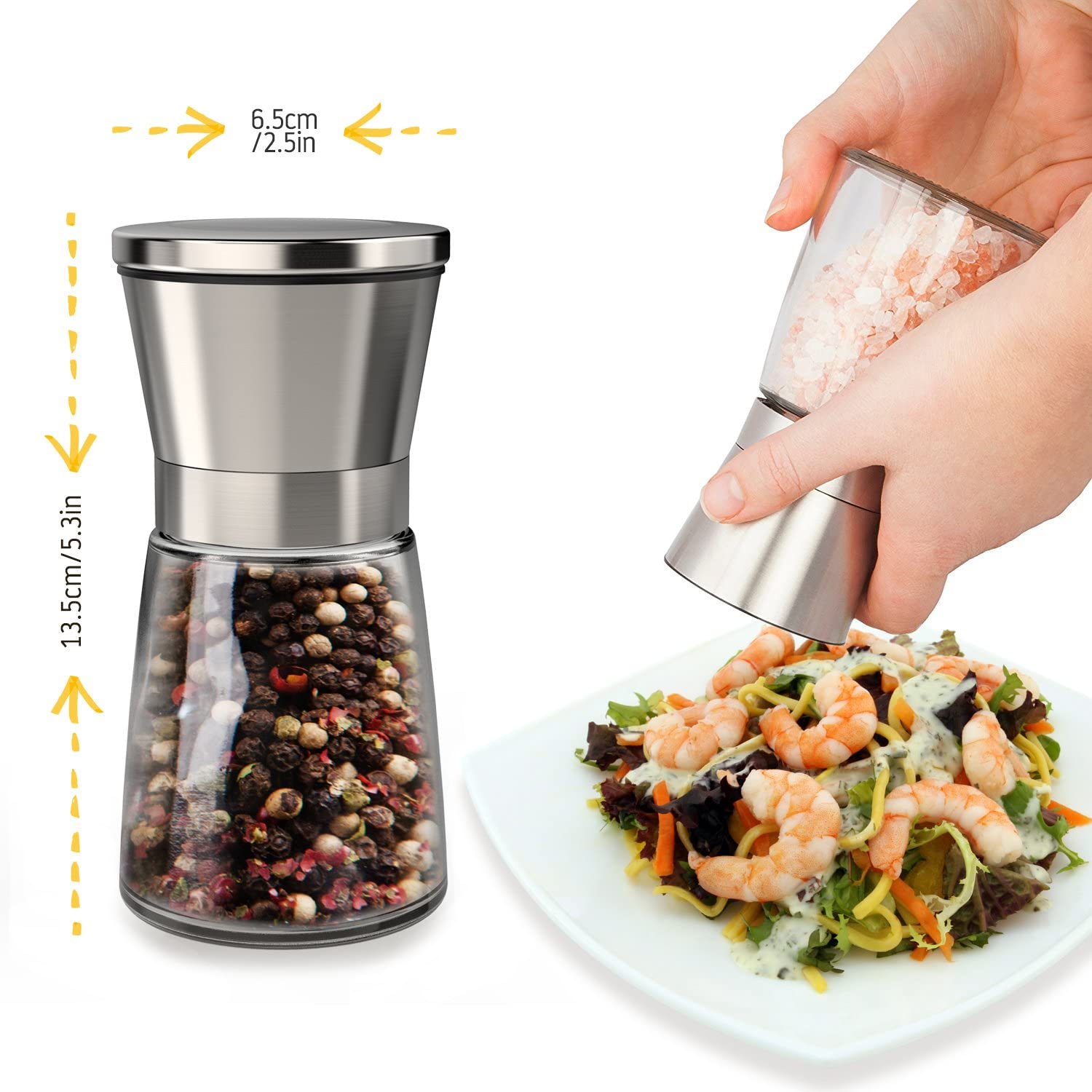 Adjustable Salt & Pepper Grinder Set Stainless Steel Glass Mill Coarse Grinding