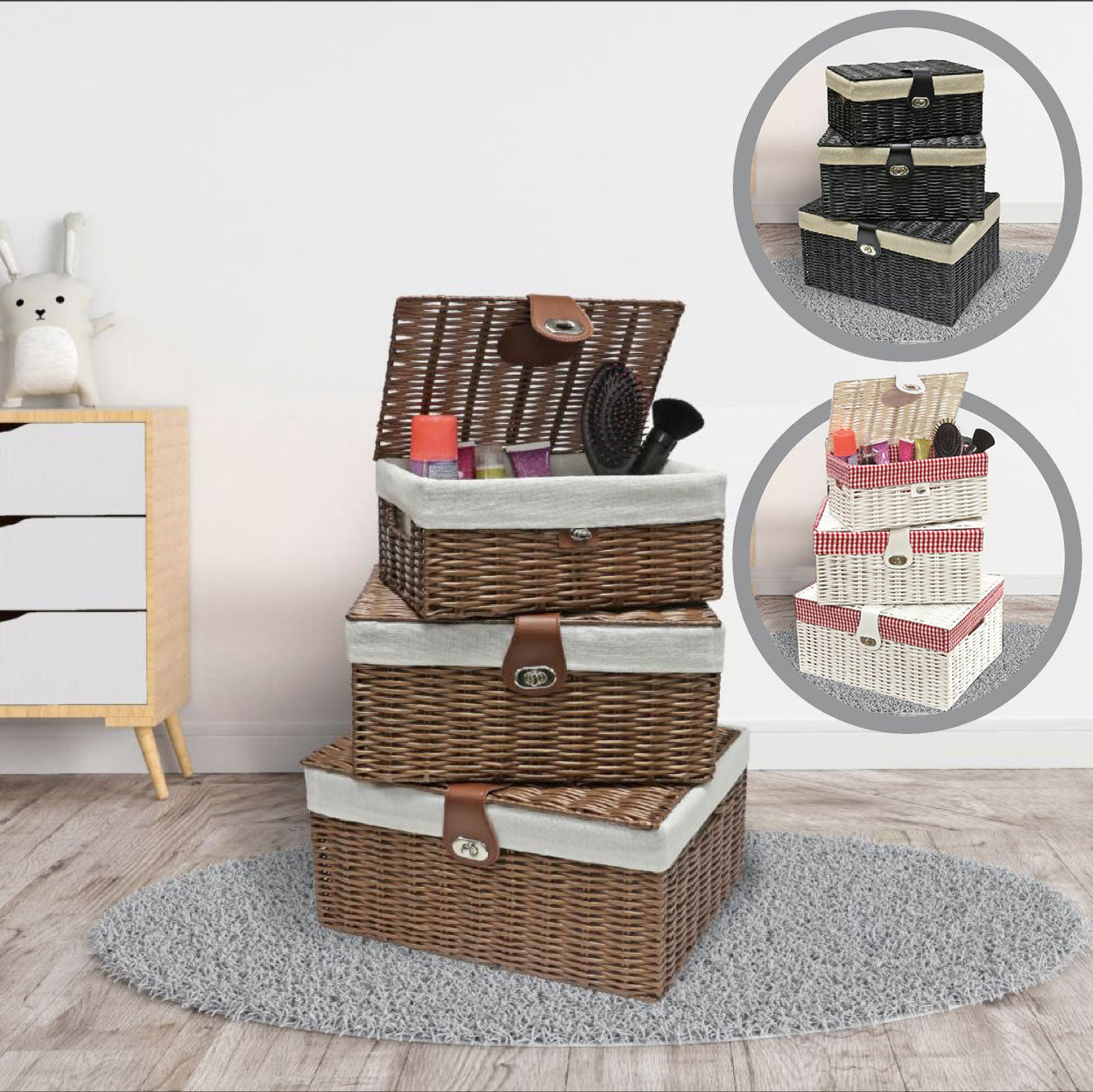 Set Of 3 Lined Wicker Basket Hamper With Lid Woven Xmas Storage Gift Box Resin